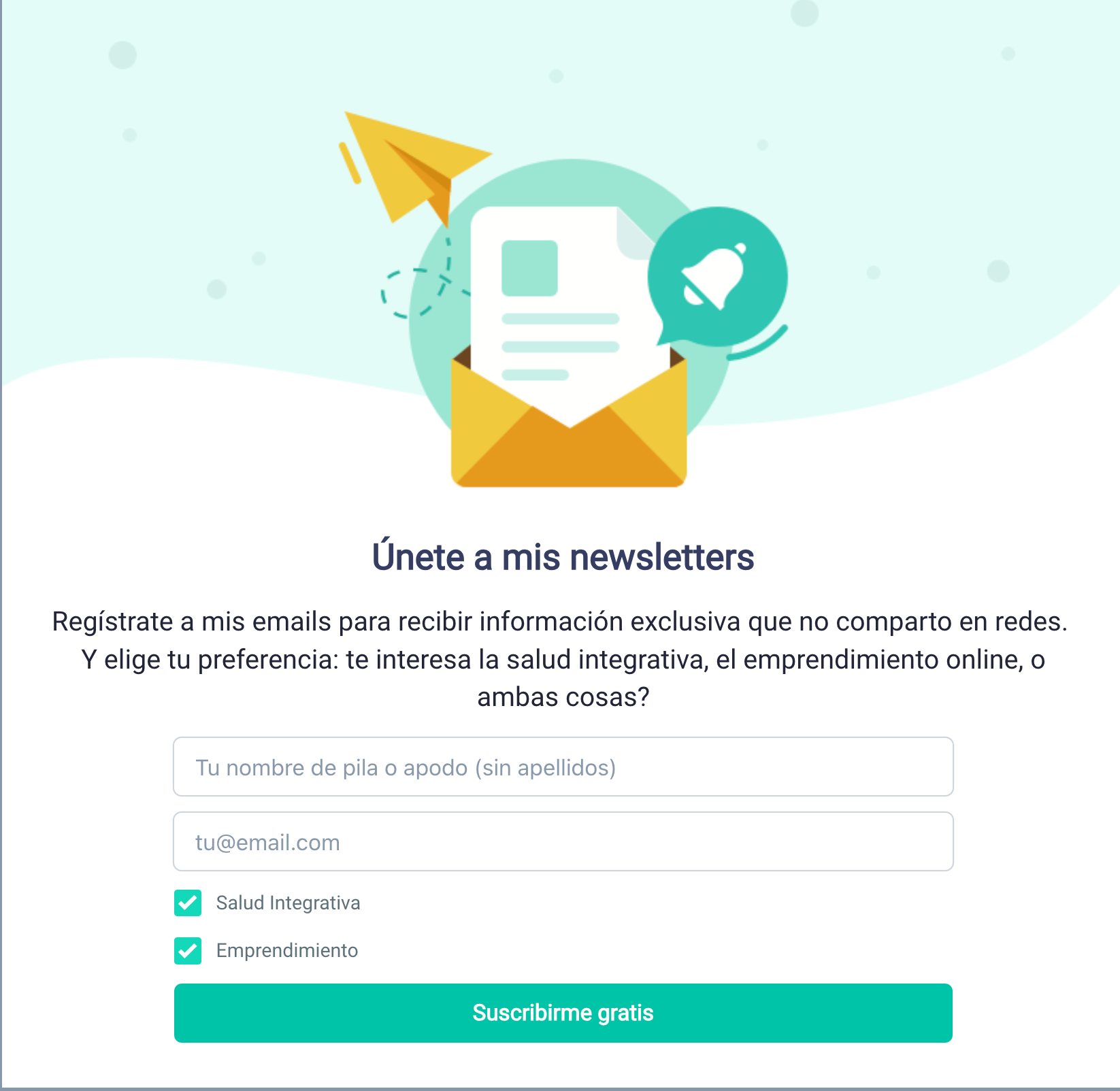 Vista del formulario terminado, con sus dos categorías de suscripción de emails