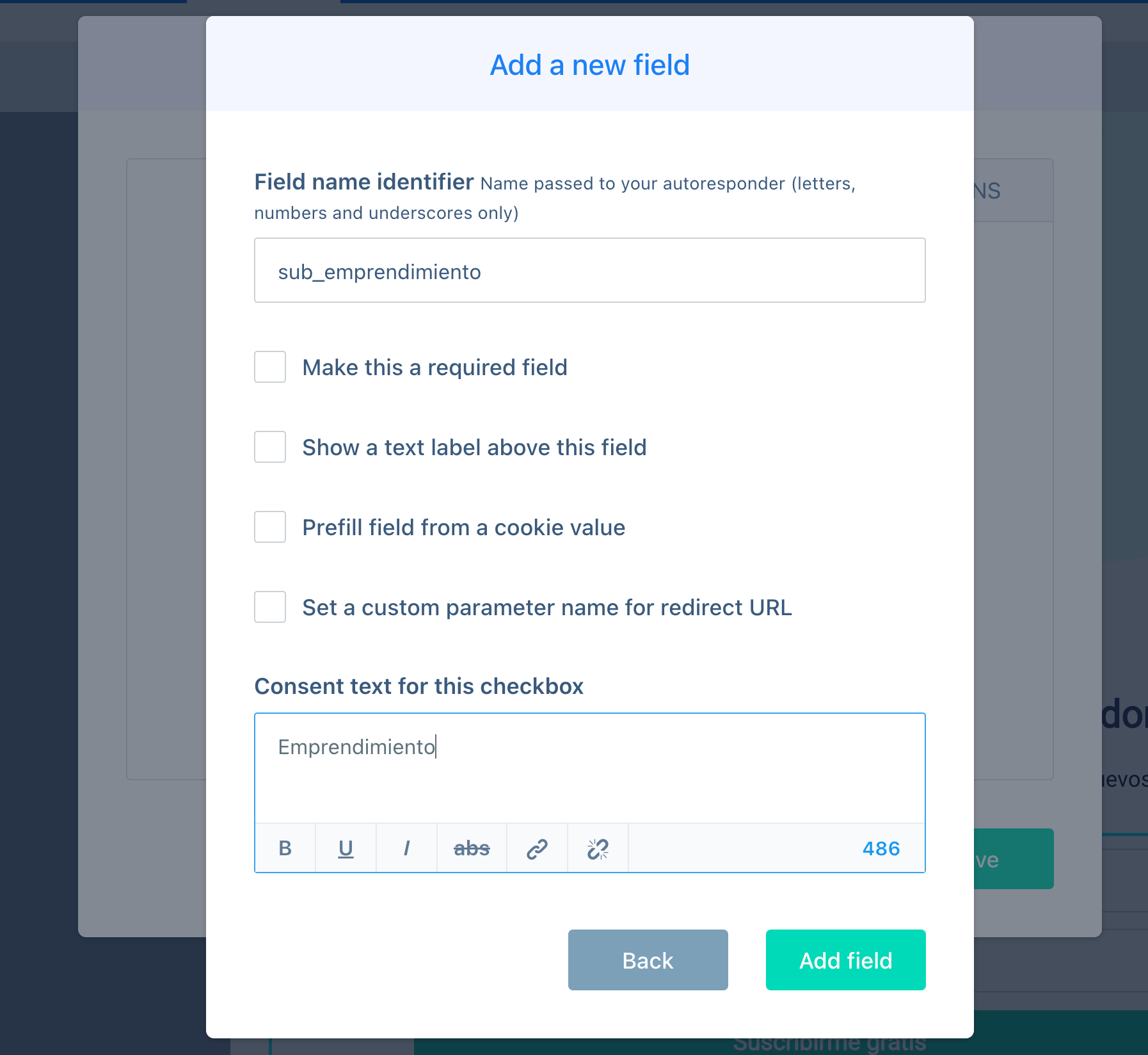 Parámetros de configuración del Checkbox en Convertbox