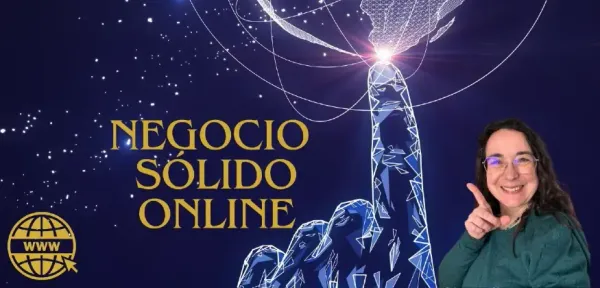 Fondo azul de estrellas con un dedo tocando el globo terráqueo. Texto: negocio sólido online